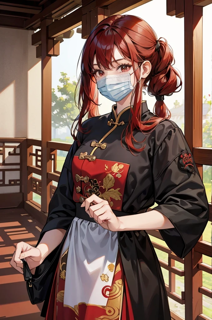 A girl, black and red hair, Chinese girl's hairstyle, casual clothes, face mask, black