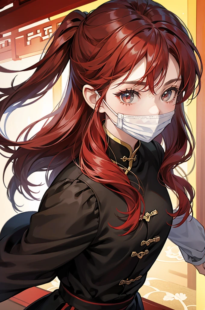 A girl, black and red hair, Chinese girl's hairstyle, casual clothes, face mask, black