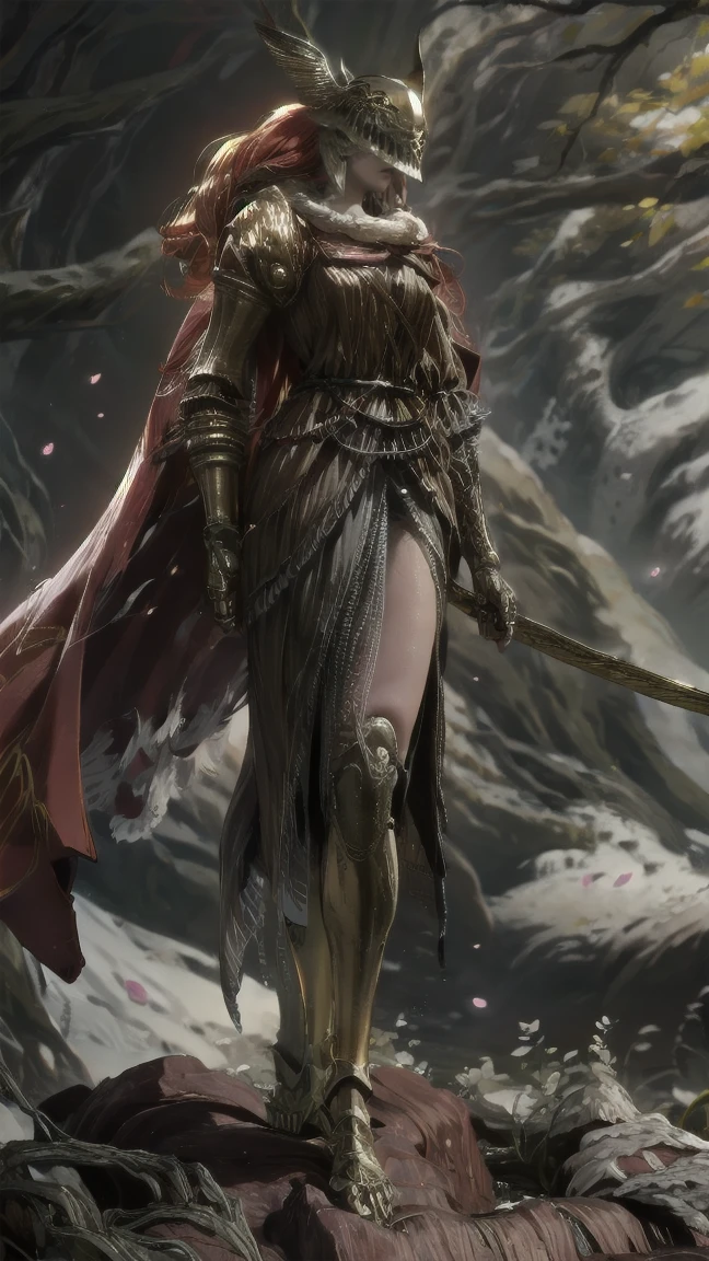 1 girl, ultra sharp image, beautiful figure, beautiful, full length (full body 1.1.), big tree in the background, slender legs, buttocks, slender legs, Wasp waist, sexy, fighting pose, fighting stance, only,helmet,light-skinned Женский, One, long curved sword in hand