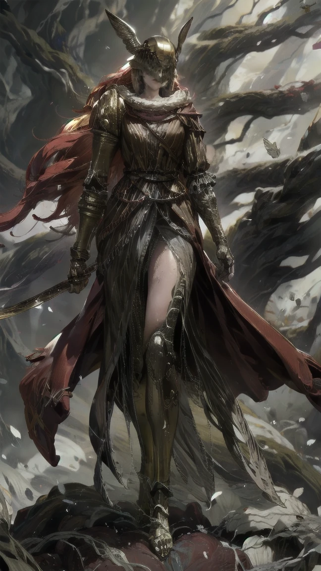 1 girl, ultra sharp image, beautiful figure, beautiful, full length (full body 1.1.), big tree in the background, slender legs, buttocks, slender legs, Wasp waist, sexy, fighting pose, fighting stance, only,helmet,light-skinned Женский, One, long curved sword in hand
