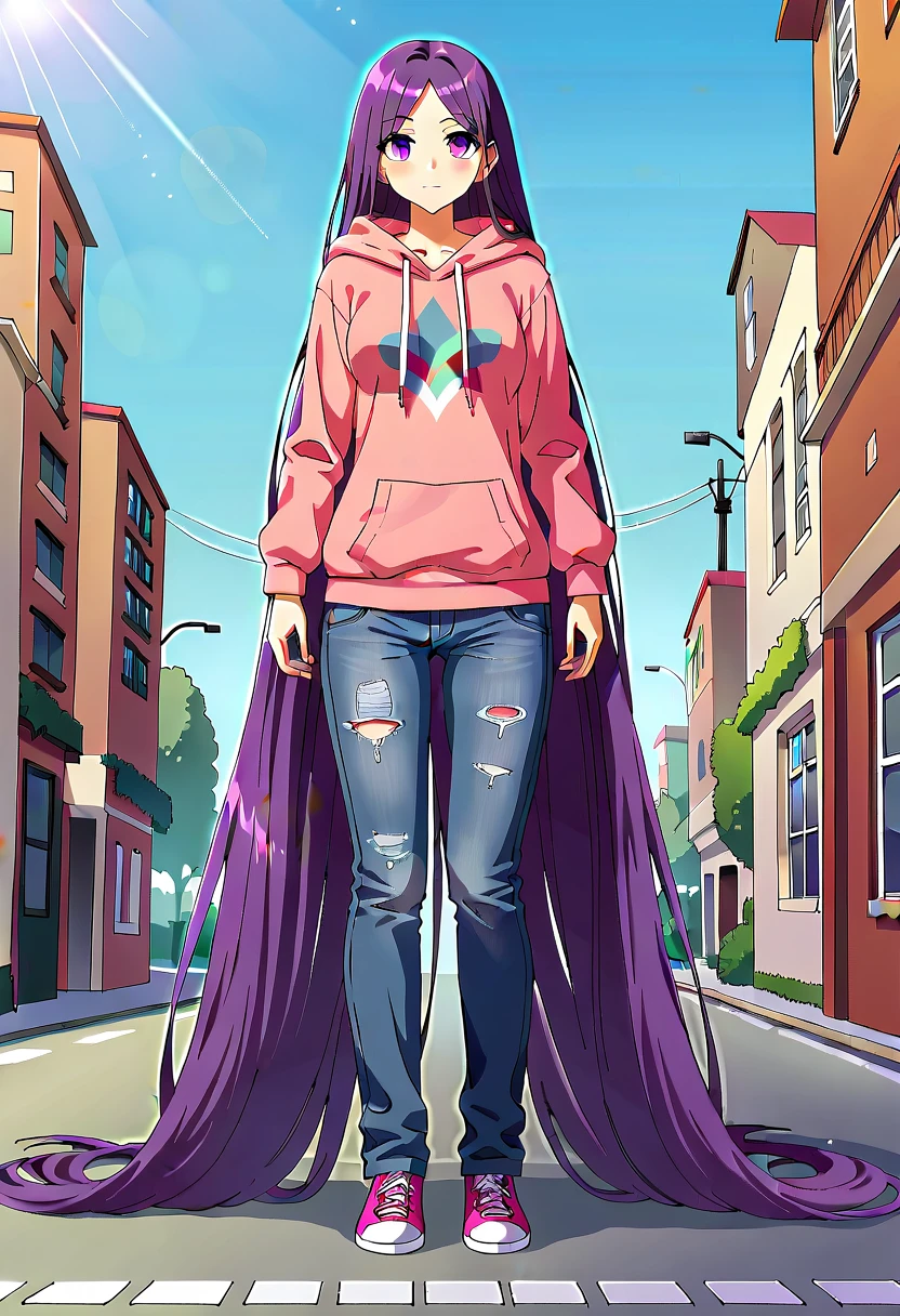 (masterpiece:1.37), best quality, (extremely detailed:1.37) woman, (adult:1.5), (very long hair:1.5), dark purple hair, purple eyes, (extremely detailed eyes:1.37), breasts, hoodie, jeans, (wetting:2.0), standing straight, full body day, daytime, glow, facing viewer, perfect composition, full body, city, street, anime style