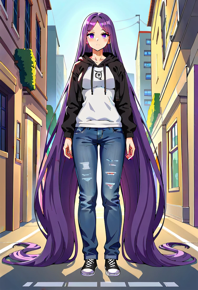 (masterpiece:1.37), best quality, (extremely detailed:1.37) woman, (adult:1.5), (very long hair:1.5), dark purple hair, purple eyes, (extremely detailed eyes:1.37), breasts, hoodie, jeans, (wetting:2.0), standing straight, full body day, daytime, glow, facing viewer, perfect composition, full body, city, street, anime style