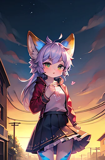 Kizi, beautiful and beautiful, nova, lovely gaze, overskirt, jaket, shirt with print, long two-color socks, Cat's ears, defined body, in the middle of the street
