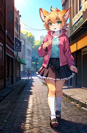 Kizi, beautiful and beautiful, nova, lovely gaze, overskirt, jaket, shirt with print, long two-color socks, Cat's ears, defined body, in the middle of the street
