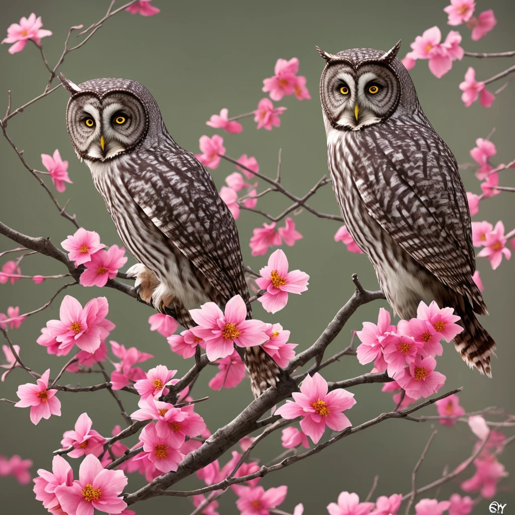 a gray owl with red eyes sitting on a branch of flowers, by Ryan Yee, 🌺 cgsociety, birds f cgsociety, art contest winner on behance, by Oliver Sin, onmyoji detailed art, digital art on pixiv, very coherent stylized artwork, trending on cgsociety art, [ trending on cgsociety ]!!, :: rossdraws