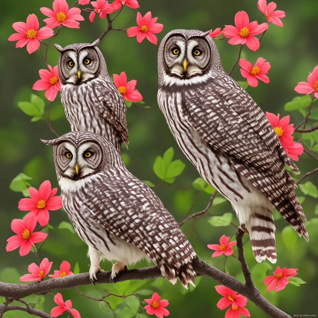 a gray owl with red eyes sitting on a branch of flowers, a detailed painting by Ryan Yee, trending on cgsociety, fantasy art, 🌺 cgsociety, birds f cgsociety, art contest winner on behance, onmyoji detailed art, digital art on pixiv, very coherent stylized artwork, trending on cgsociety art, [ trending on cgsociety ]!!