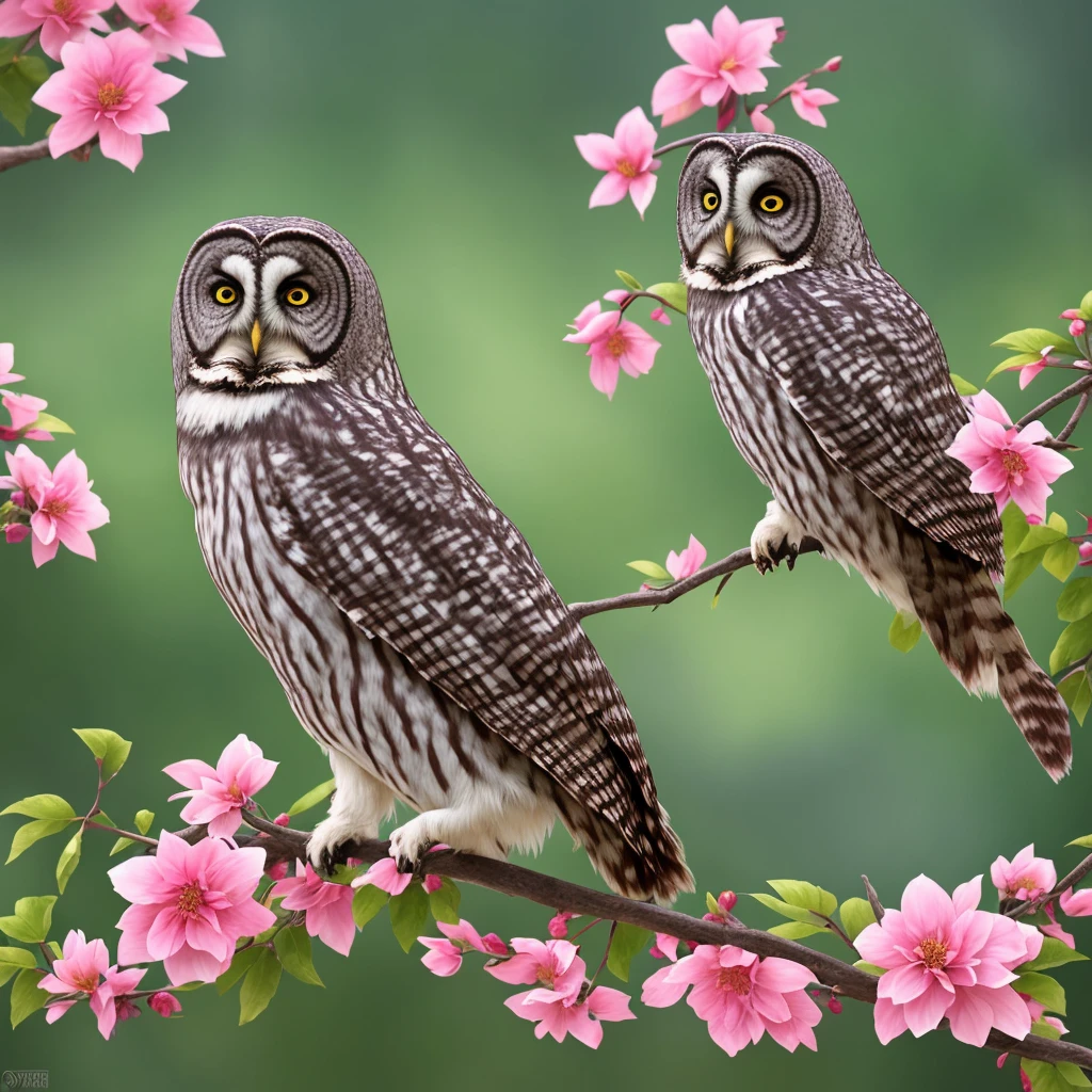 a gray owl with red eyes sitting on a branch of flowers, by Ryan Yee, 🌺 cgsociety, birds f cgsociety, art contest winner on behance, by Oliver Sin, onmyoji detailed art, digital art on pixiv, very coherent stylized artwork, trending on cgsociety art, [ trending on cgsociety ]!!, :: rossdraws