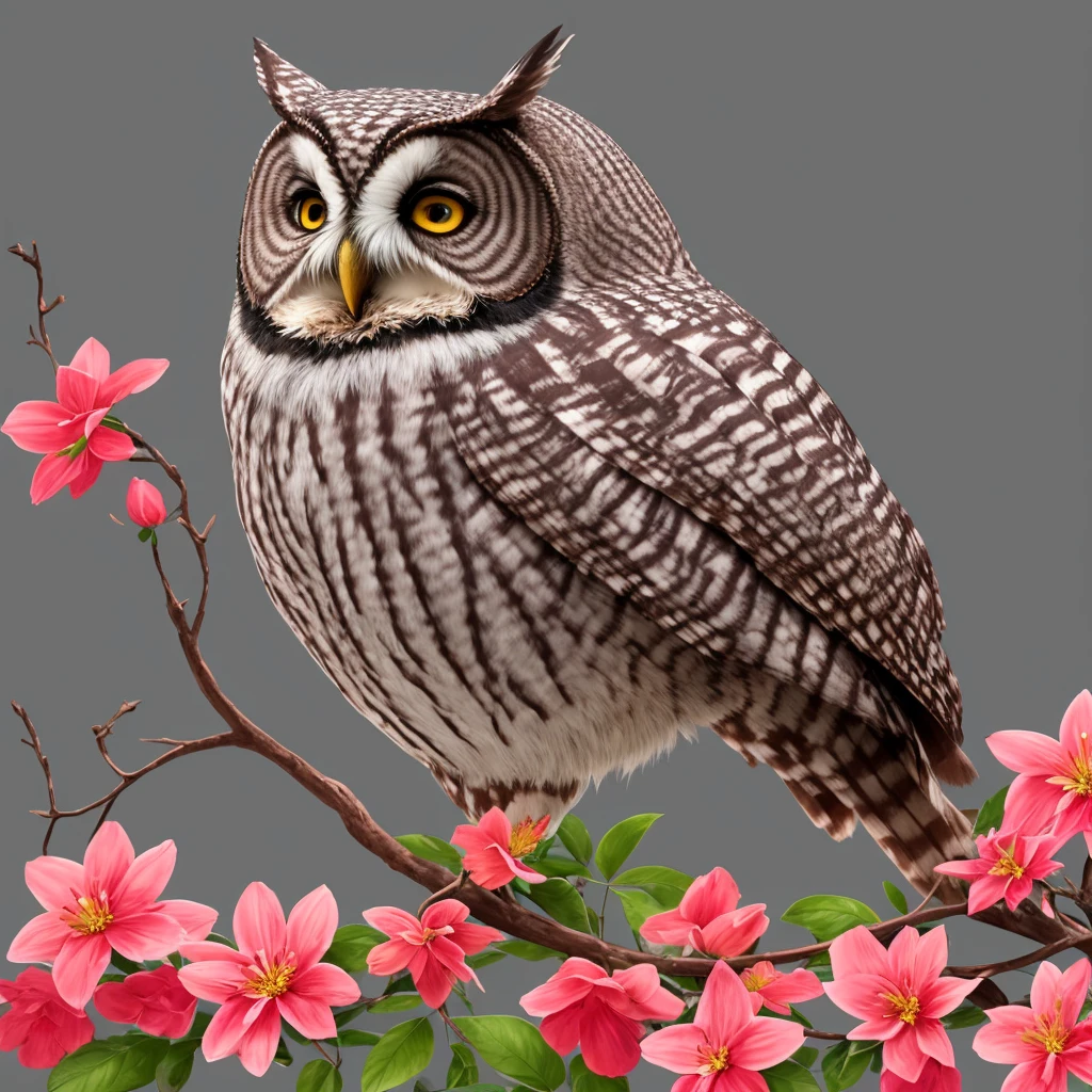 a gray owl with red eyes sitting on a branch of flowers, a detailed painting by Ryan Yee, trending on cgsociety, fantasy art, 🌺 cgsociety, birds f cgsociety, art contest winner on behance, onmyoji detailed art, digital art on pixiv, very coherent stylized artwork, trending on cgsociety art, [ trending on cgsociety ]!!
