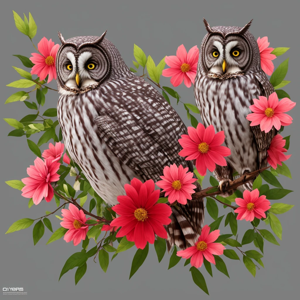 a gray owl with red eyes sitting on a branch of flowers, a detailed painting by Ryan Yee, trending on cgsociety, fantasy art, 🌺 cgsociety, birds f cgsociety, art contest winner on behance, onmyoji detailed art, digital art on pixiv, very coherent stylized artwork, trending on cgsociety art, [ trending on cgsociety ]!!