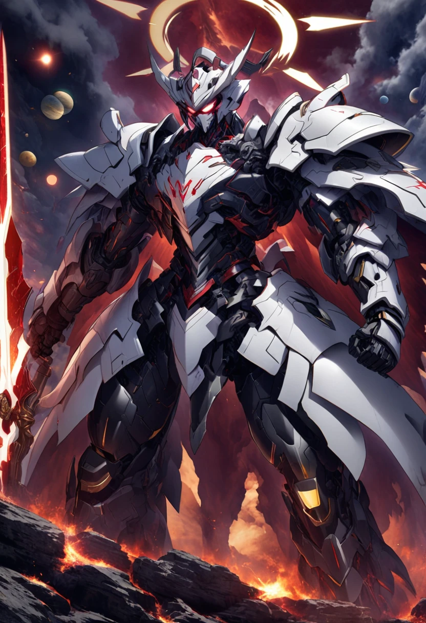 A riveting scene from an anime or manga, where Heaven and Hell are depicted as mechs locked in a fierce battle. The Mecha of Heaven is clad in brilliant white armor, adorned with a halo, and wields a luminous sword. The Mecha of Hell is intimidating, covered in dark red and black armor, with a menacing devil-like face and a wickedly curved axe. The background is a fantastical celestial scene with stars, planets, and a divide between light and darkness. The atmosphere is intense and dramatic.
