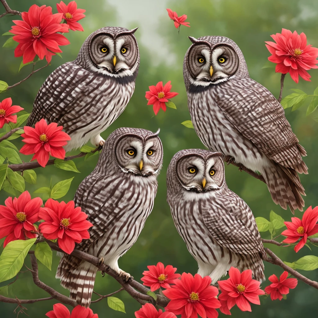 a gray owl with red eyes sitting on a branch of flowers, a detailed painting by Ryan Yee, trending on cgsociety, fantasy art, 🌺 cgsociety, birds f cgsociety, art contest winner on behance, onmyoji detailed art, digital art on pixiv, very coherent stylized artwork, trending on cgsociety art, [ trending on cgsociety ]!!