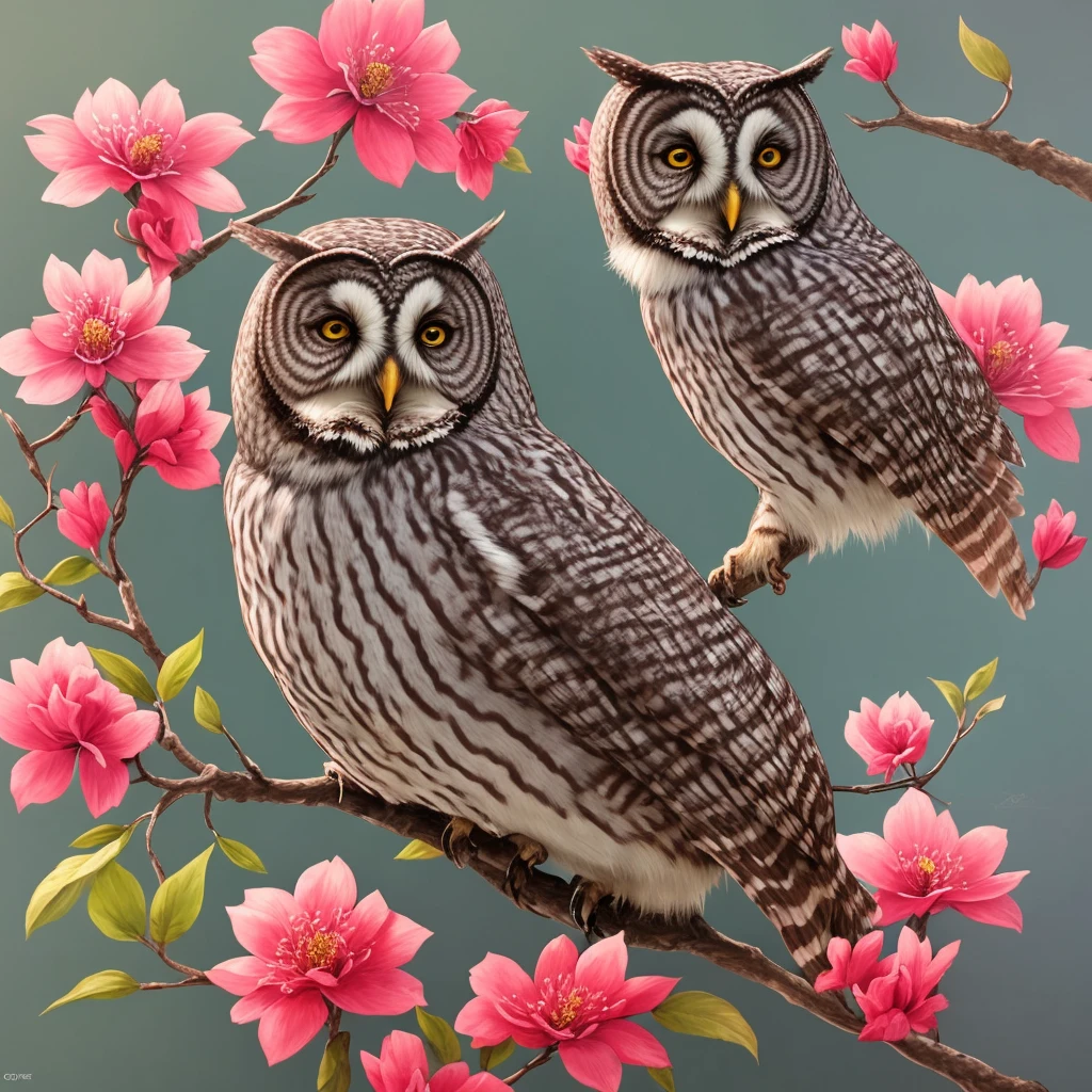 a gray owl with red eyes sitting on a branch of flowers, a detailed painting by Ryan Yee, trending on cgsociety, fantasy art, 🌺 cgsociety, birds f cgsociety, art contest winner on behance, onmyoji detailed art, digital art on pixiv, very coherent stylized artwork, trending on cgsociety art, [ trending on cgsociety ]!!