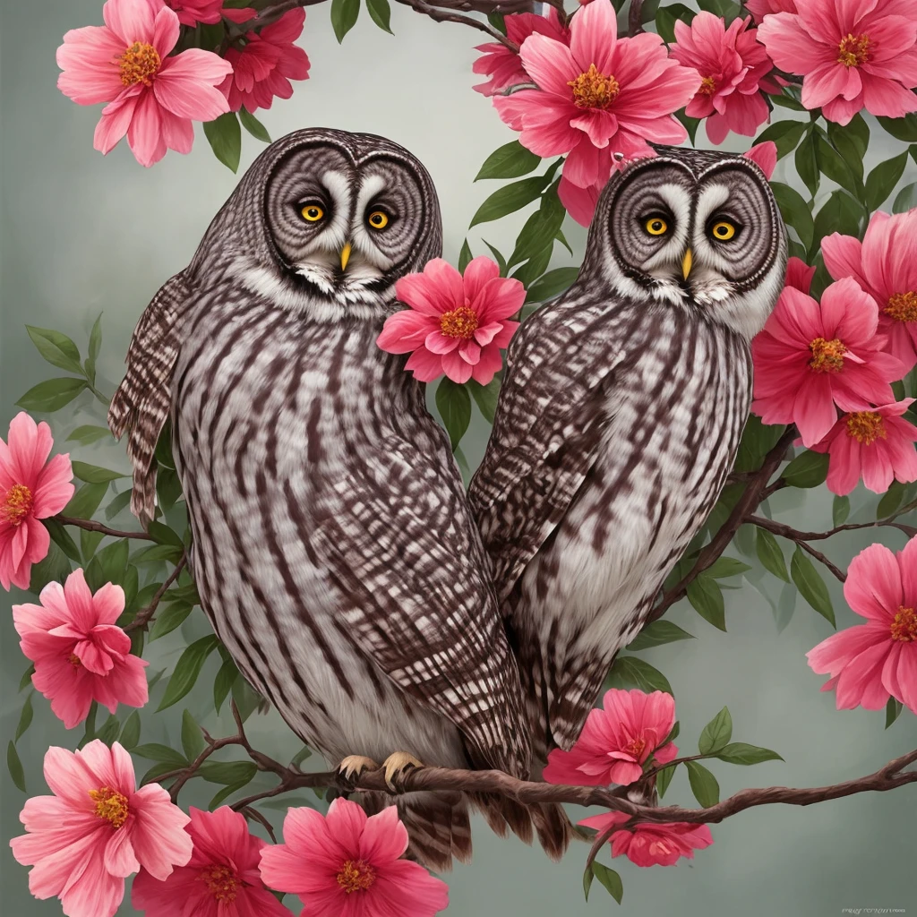 a gray owl with red eyes sitting on a branch of flowers, a detailed painting by Ryan Yee, trending on cgsociety, fantasy art, 🌺 cgsociety, birds f cgsociety, art contest winner on behance, onmyoji detailed art, digital art on pixiv, very coherent stylized artwork, trending on cgsociety art, [ trending on cgsociety ]!!
