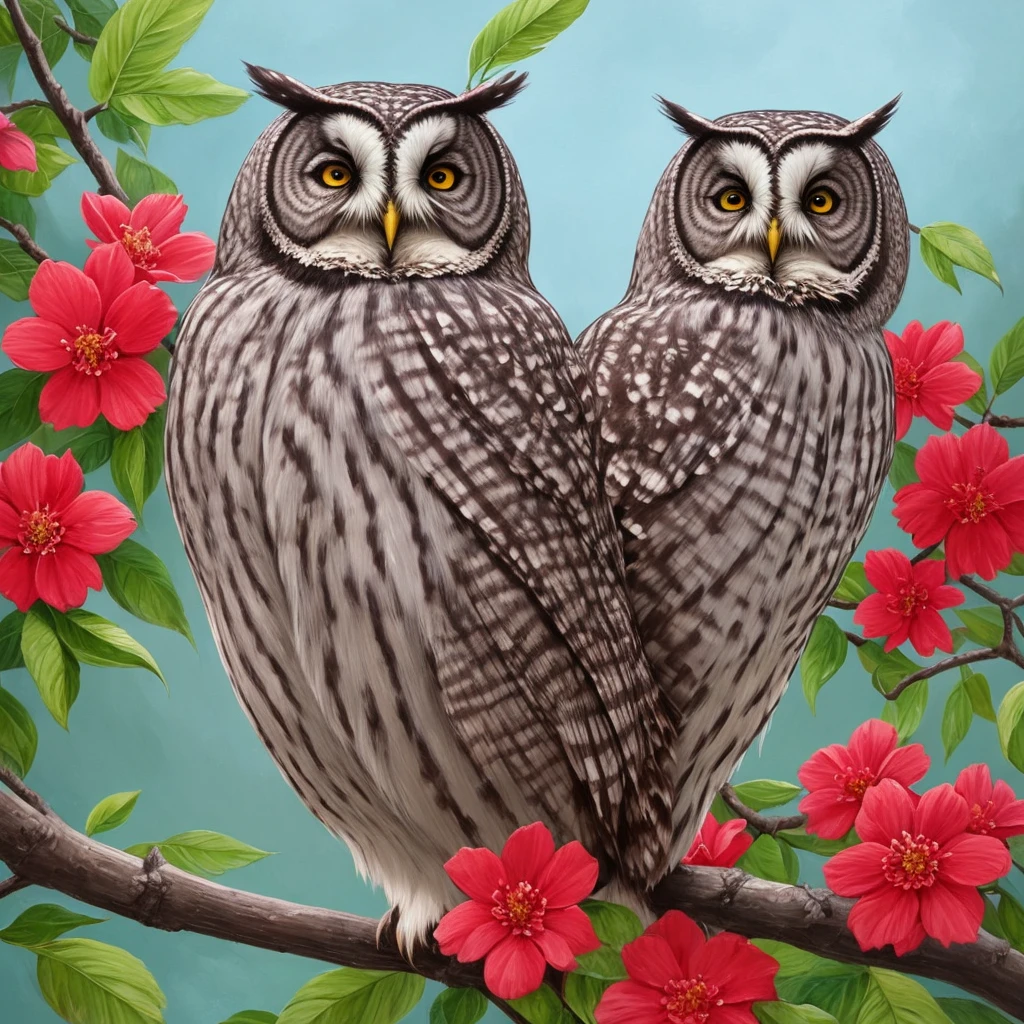 a gray owl with red eyes sitting on a branch of flowers, a detailed painting by Ryan Yee, trending on cgsociety, fantasy art, 🌺 cgsociety, birds f cgsociety, art contest winner on behance, onmyoji detailed art, digital art on pixiv, very coherent stylized artwork, trending on cgsociety art, [ trending on cgsociety ]!!