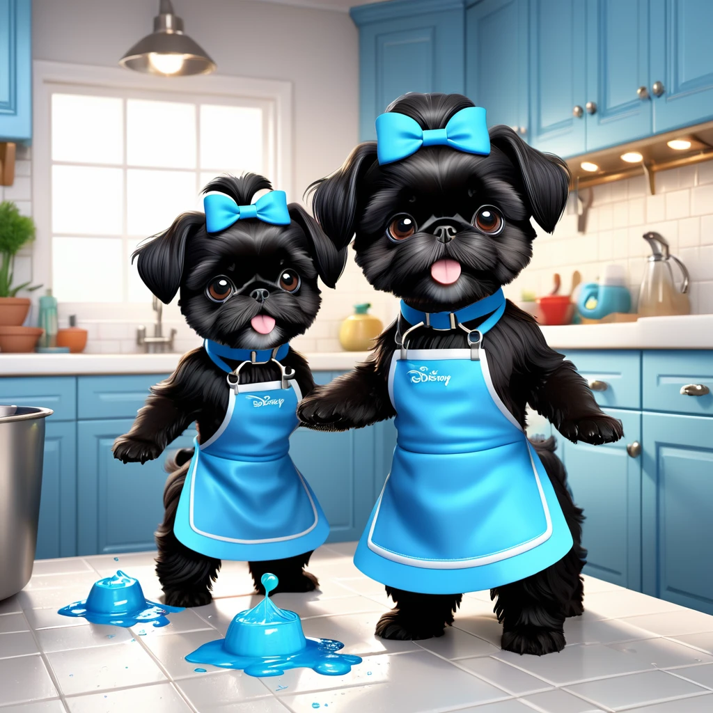 2 Adorable small black Shih Tzu puppies wearing blue collars and aprons playing, dish soap, making a mess in Disney kitchen 3d cartoon, 3d render, disney pixar style