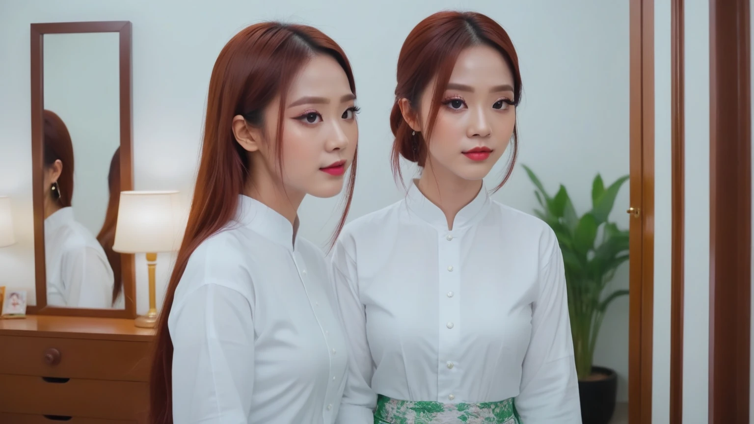 a woman with red hair and a white shirt is looking at a mirror, quy ho, dang my linh, ao dai, bao phan, ngai victo, trailer, inspired by Shao Mi, ruan cute vtuber, new song, album artwork, music video, vshojo, album art cover, meme