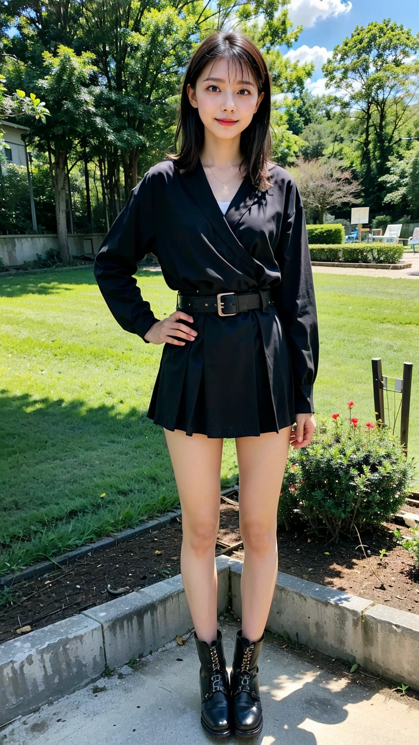 (8K、RAW Photos、Highest quality、masterpiece:1.2)、(Realistic、Realistic)、1 Girl、((Check mini skirt、Medium Hair、black、Thin legs、whole body、boots、blackいコート、one piece、garden、View from the front、Looking into the camera、belt、Stand with hands on hips))、