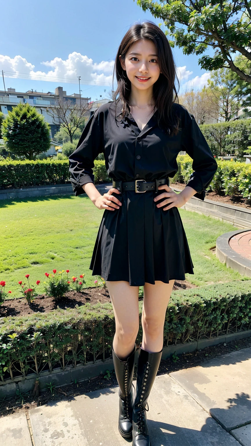 (8K、RAW Photos、Highest quality、masterpiece:1.2)、(Realistic、Realistic)、1 Girl、((Check mini skirt、Medium Hair、black、Thin legs、whole body、boots、blackいコート、one piece、garden、View from the front、Looking into the camera、belt、Stand with hands on hips))、
