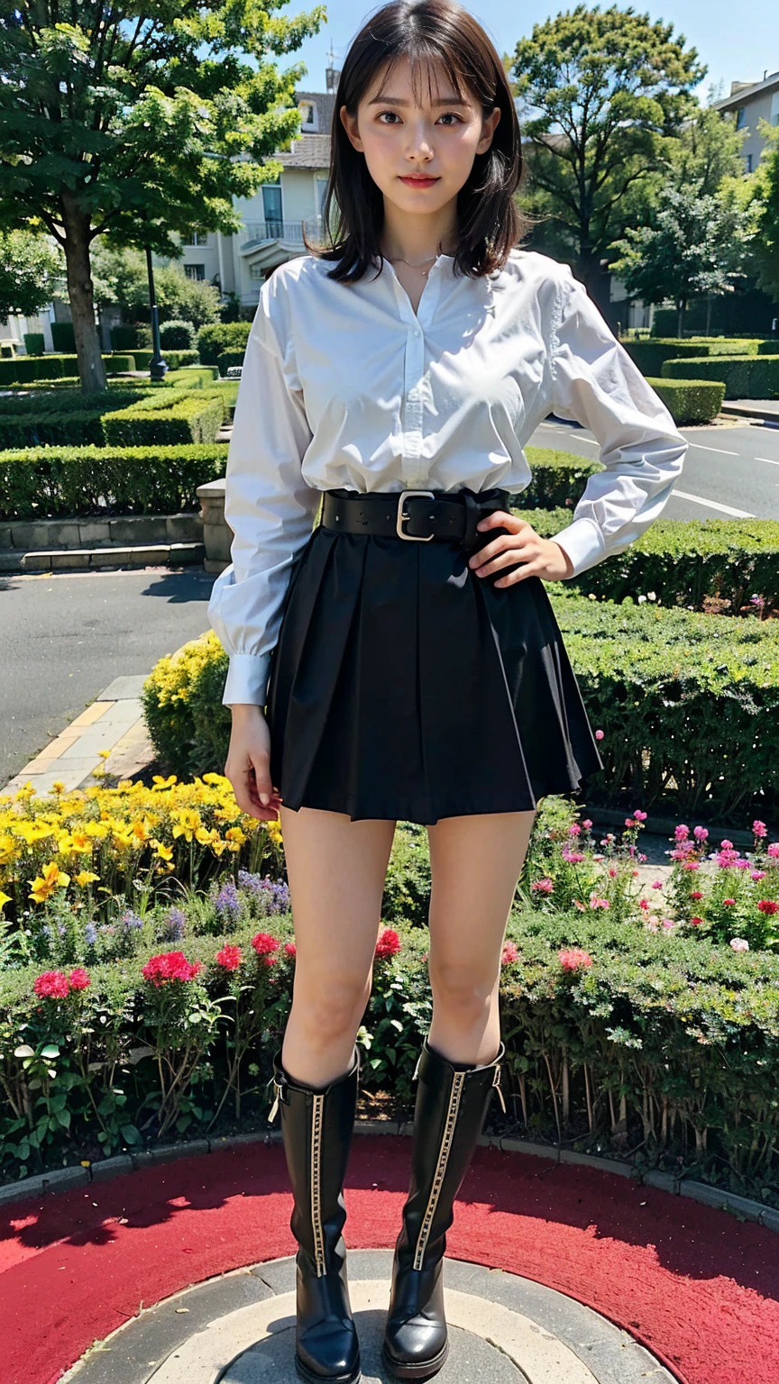 (8K、RAW Photos、Highest quality、masterpiece:1.2)、(Realistic、Realistic)、1 Girl、((Check mini skirt、Medium Hair、black、Thin legs、whole body、boots、blackいコート、one piece、garden、View from the front、Looking into the camera、belt、Stand with hands on hips))、