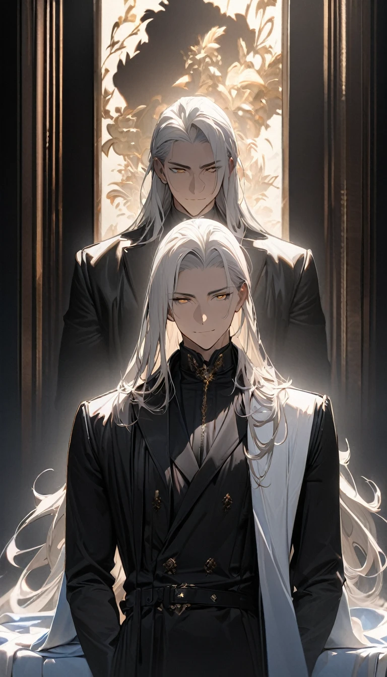 (masterpiece:1.5),best quality,(1 Handsome man),alone,white long length hair,(Golden eyes), (A soft smile),elegant,perfect face,Long black trench coat,white and blue cloth,white leather gloves,white lining,Slightly muscular body,High,8K,Beautiful contrast of light and shadow,Dark luxury background,(complete upper body),Positive face,luxury screen