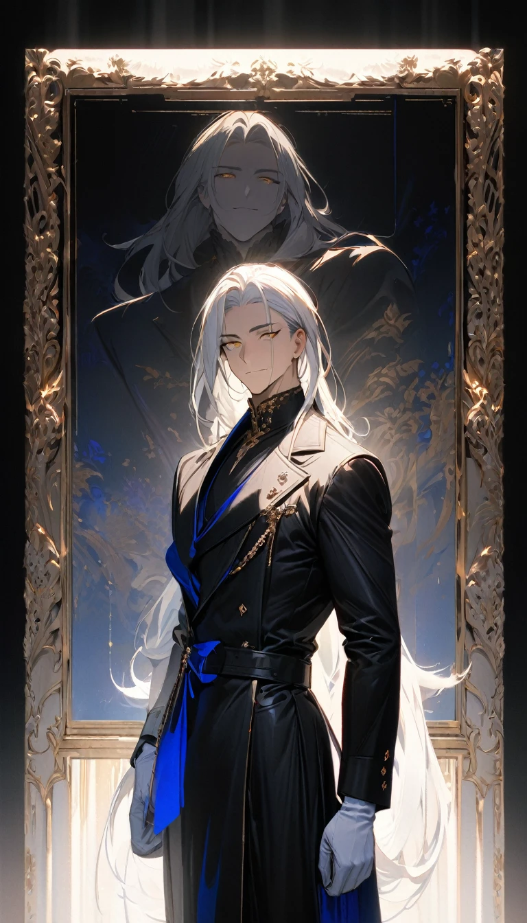 (masterpiece:1.5)，best quality，(1 Handsome man)，alone，white long length hair，(Golden eyes), (A soft smile)，elegant，perfect face，Long black trench coat，white and blue cloth，white leather gloves，white lining，Slightly muscular body，High，8K，Beautiful contrast of light and shadow，Dark luxury background，(complete upper body)，Positive face，luxury screen