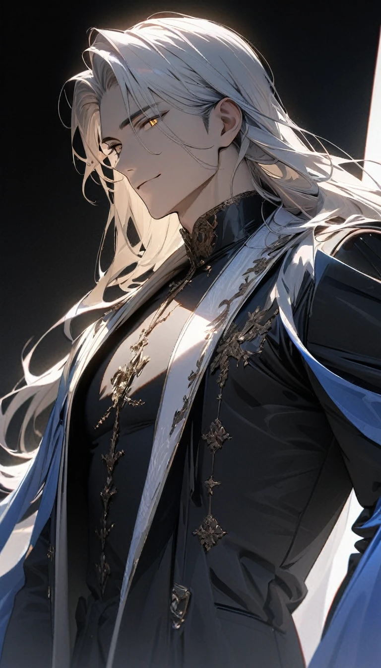(masterpiece:1.5),best quality,(1 Handsome man),alone,white long length hair,(Golden eyes), (A soft smile),elegant,perfect face,Long black trench coat,white and blue cloth,white leather gloves,white lining,Slightly muscular body,High,8K,Beautiful contrast of light and shadow,Dark luxury background,(complete upper body),Positive face,luxury screen
