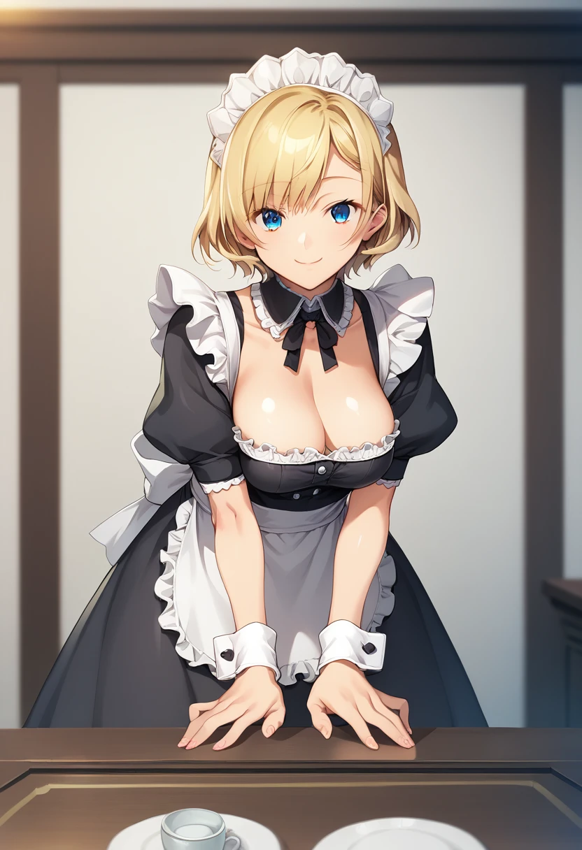 score_9, score_8_up, score_7_up, source_anime, rating:general, masterpiece, best quality, h1k4g3_31j1, 1girl, leaning forward, smile, bangs, breasts, maid headdress, maid, frills, black dress, detached collar, puffy short sleeves, wrist cuffs, apron, white thighhighs, wavy short hair, blonde hair, looking at viewer,