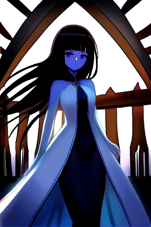Dark girl black hair long anime hime cut ark dress white skin