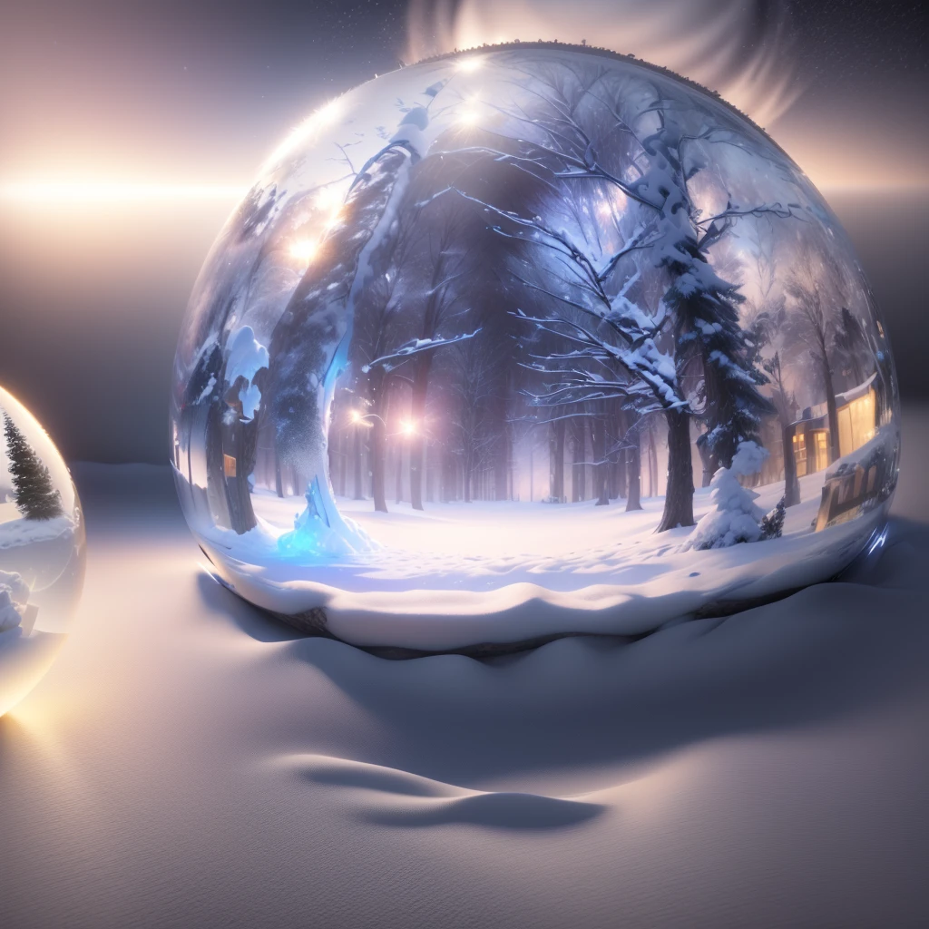 there is a sphere and a mirror in the snow, snow globe, snow globe, hyper realistic reflections, inside a snow globe, glass ball, realistic reflection, rendered in cinema4d, rendered in cinema 4 d, hyperrealistic rendering, fantasia de cena de inverno, realistic metallic reflections, created in octane rendering, Hyper-realistic rendering, super rendered in octane render, hyper-realistic rendering