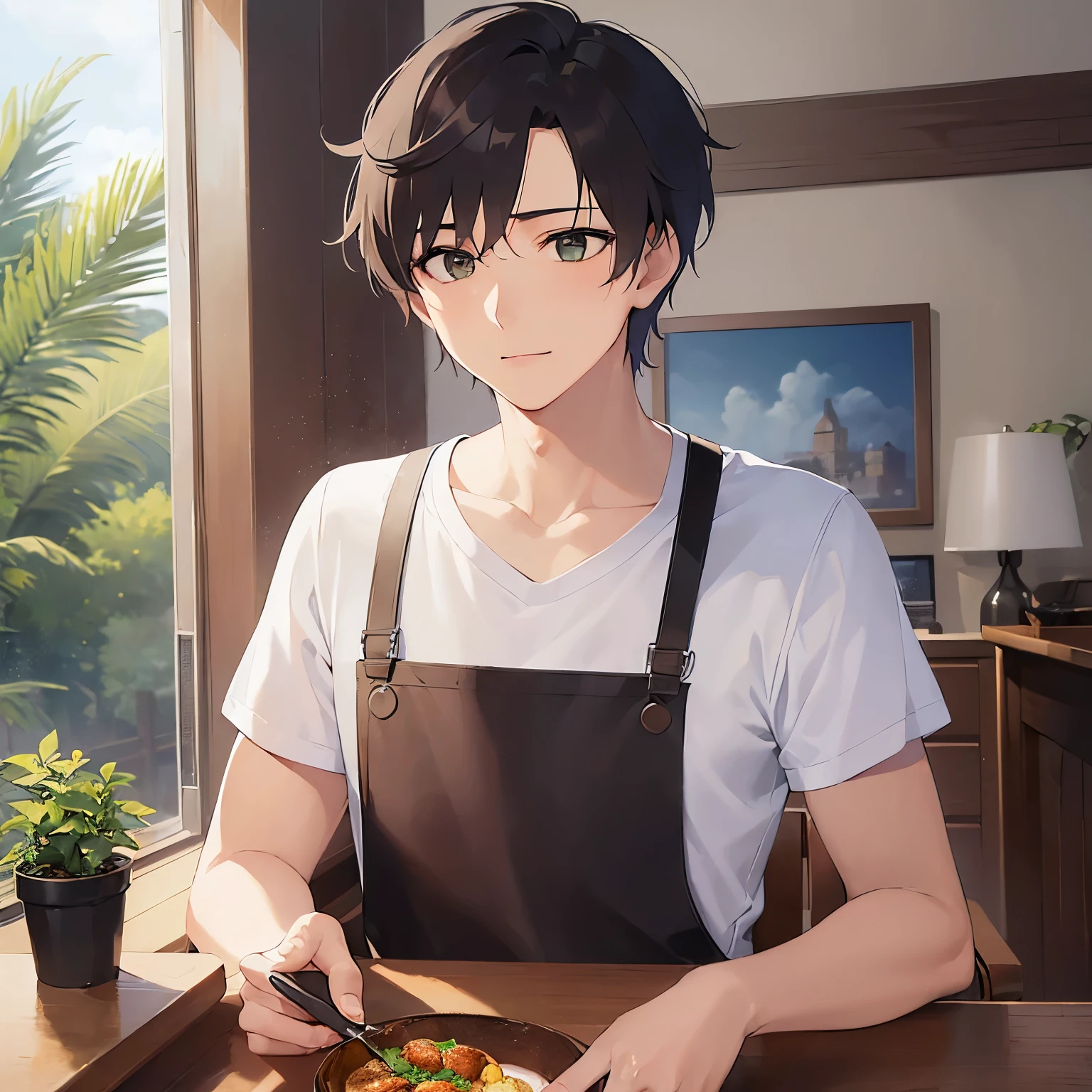 (25-year-old male:1.5) and (Brown short hair) and (Green Eyes),upper body,(looking away:1.5),shiny skin,masterpiece、Highest quality、(whiteTshirt:1.5),The background is the living room,(alone:1.5)、smile,apron