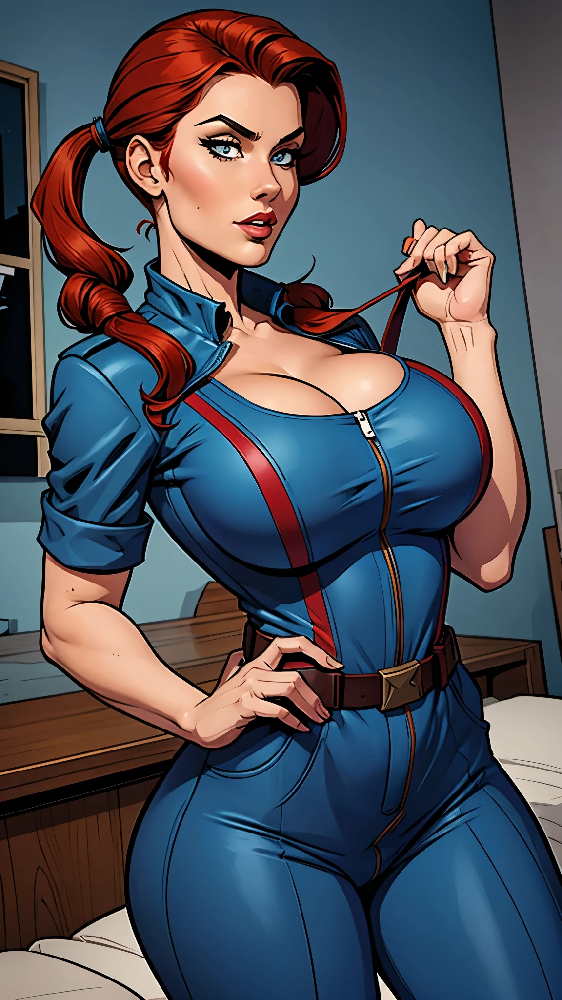 Woman brunette,red hair and pigtails,militar blue jumpsuit. attractive,busty. Comic style 