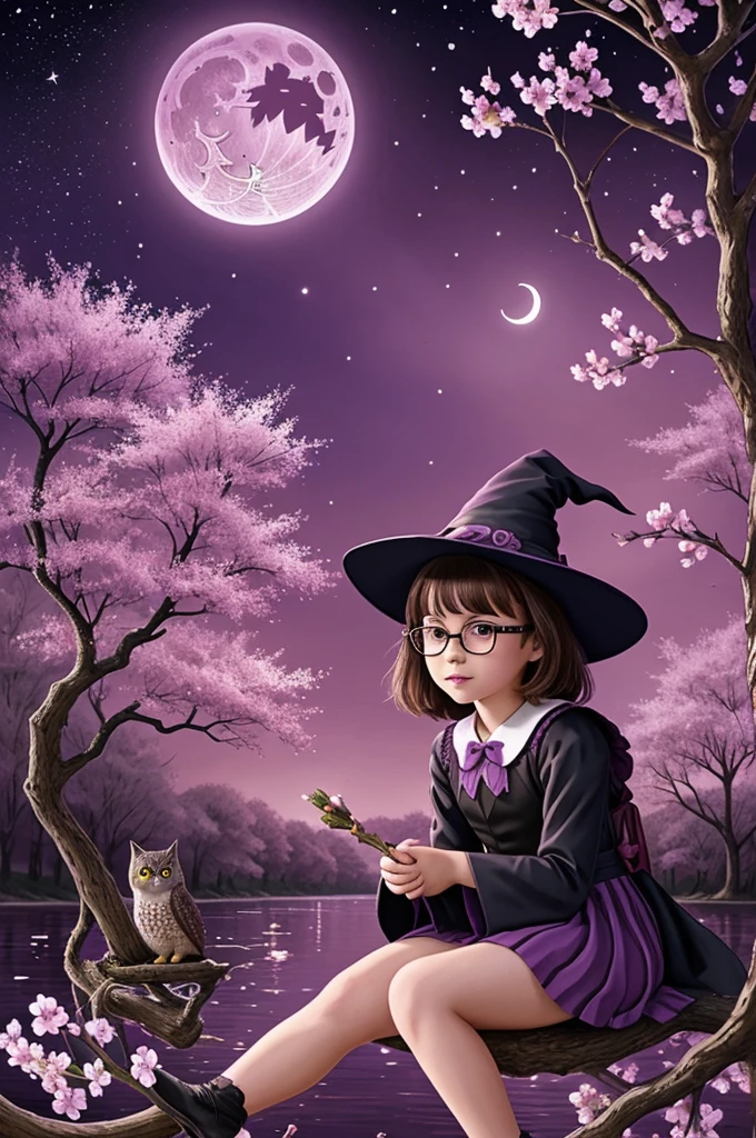 Drawing of a little witch, with short brown hair wearing glasses and sitting on the branch of a cherry tree in the river in the light of the crescent moon surrounded by flowers of everything and cherry blossom trees, with owls, cats and magical creatures of the night around you, the image in violet tones and its variants