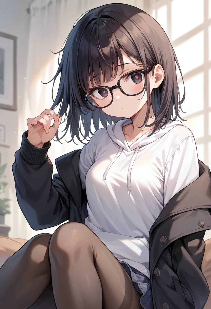 best quality, masterpiece, super high resolution, perfect anatomy, 1girl, black hair, medium_hair, messy hair, long sidelocks, short_bangs, sidelocks, black eyes, red pupils, small breasts, black hoodie, pantyhose, glasses, black eyewear, 23 years old,