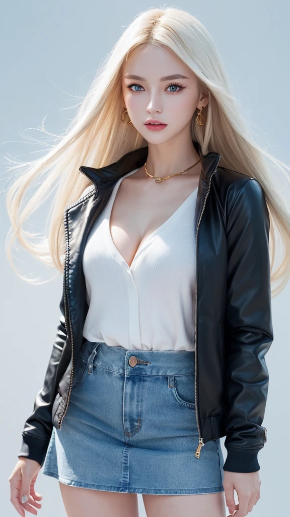 (((open jacket、mini skirt、White background、Cowboy Shot、forehead)))、forehead、Northern Europe、Russia、beautiful girl、Platinum Blonde Hair、Straight long hair、Big blue eyes、Northern Europeの若者、Glowing Skin、Young and beautiful skin、A perfect and beautiful little face、Bright makeup、Pale pink lips、Bright expression、lipstick、Golden Hour Lighting、Movie Light、Intricate details、High resolution、 Detailed features of the face design、Big Breasts