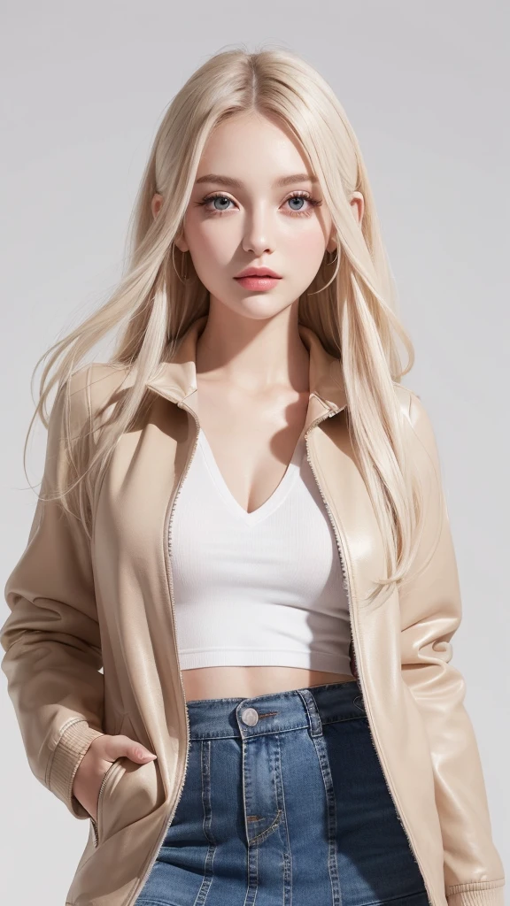 (((open jacket、mini skirt、White background、Cowboy Shot、forehead)))、forehead、Northern Europe、Russia、beautiful girl、Platinum Blonde Hair、Straight long hair、Big blue eyes、Northern Europeの若者、Glowing Skin、Young and beautiful skin、A perfect and beautiful little face、Bright makeup、Pale pink lips、Bright expression、lipstick、Golden Hour Lighting、Movie Light、Intricate details、High resolution、 Detailed features of the face design、Big Breasts