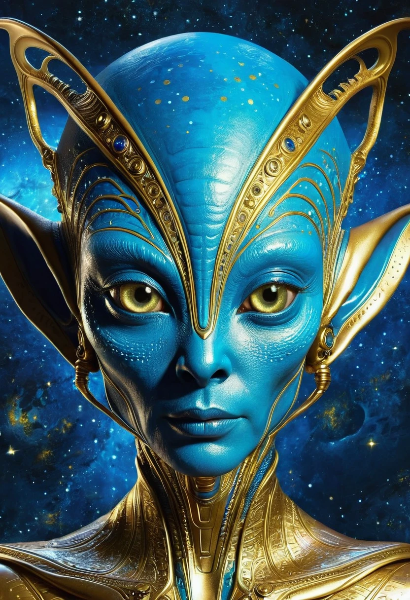 illustration,illustration,Golden Alien Portrait,Blue Background,Planet Decoration,Artistic Creativity:1.37