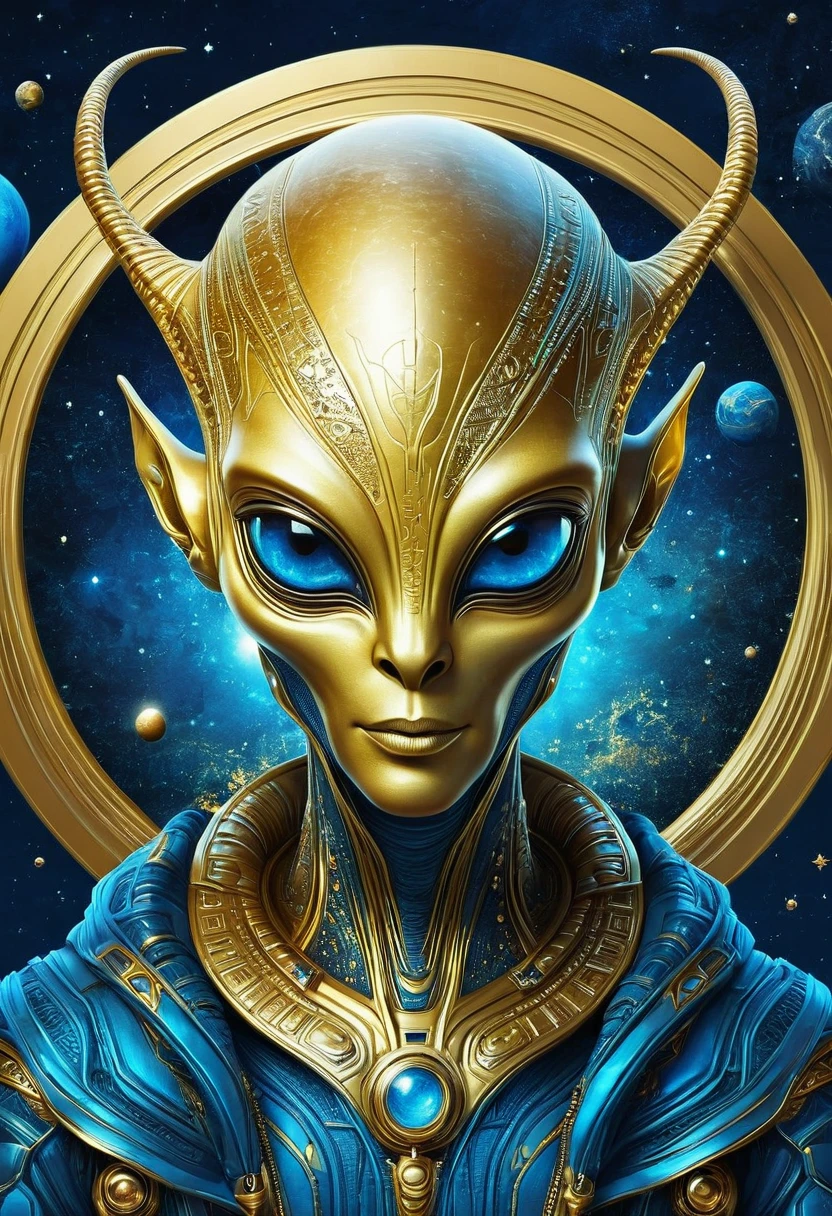 illustration,illustration,Golden Alien Portrait,Blue Background,Planet Decoration,Artistic Creativity:1.37
