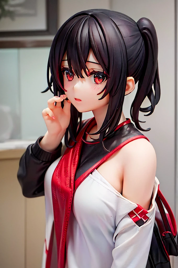 A girl, black and red hair, Chinese girl's hairstyle, casual clothes, face mask, black