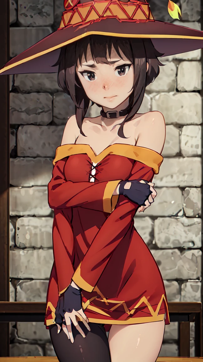 Artgerm, table, Best quality, extremely detailed, table, Best quality, Megumin, 1 girl in, bare shoulders, beautiful buttocks, стоит опершись о table, very sexy, smile, cheerful, Black e.g, black gloves, black hair, e.g, necklace, clavicle, dress, hair between eyes, It has, long sleeves, I look at the viewer, Medium hair, off shoulder dress, off the shoulders, Red dress, Red eyes, side locks, One, witch hat, in room