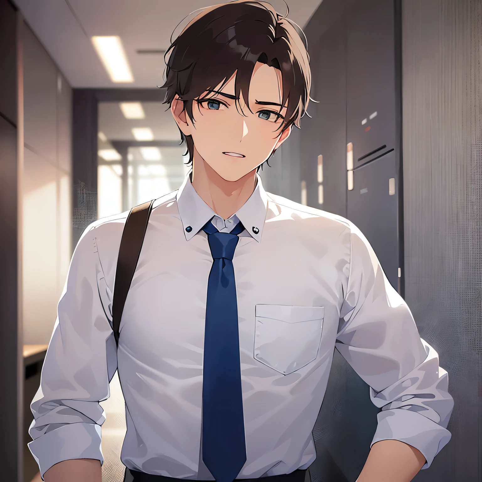 Freezing up,upper body、 masterpiece、Highest quality、 BREAK (25-year-old male:1.5) and (Mahogany brown short hair) and (Green Eyes) BREAK (white collared shirt) and (Blue tie),Panic、The background is the office lobby.、(alone:1.5),open mouth