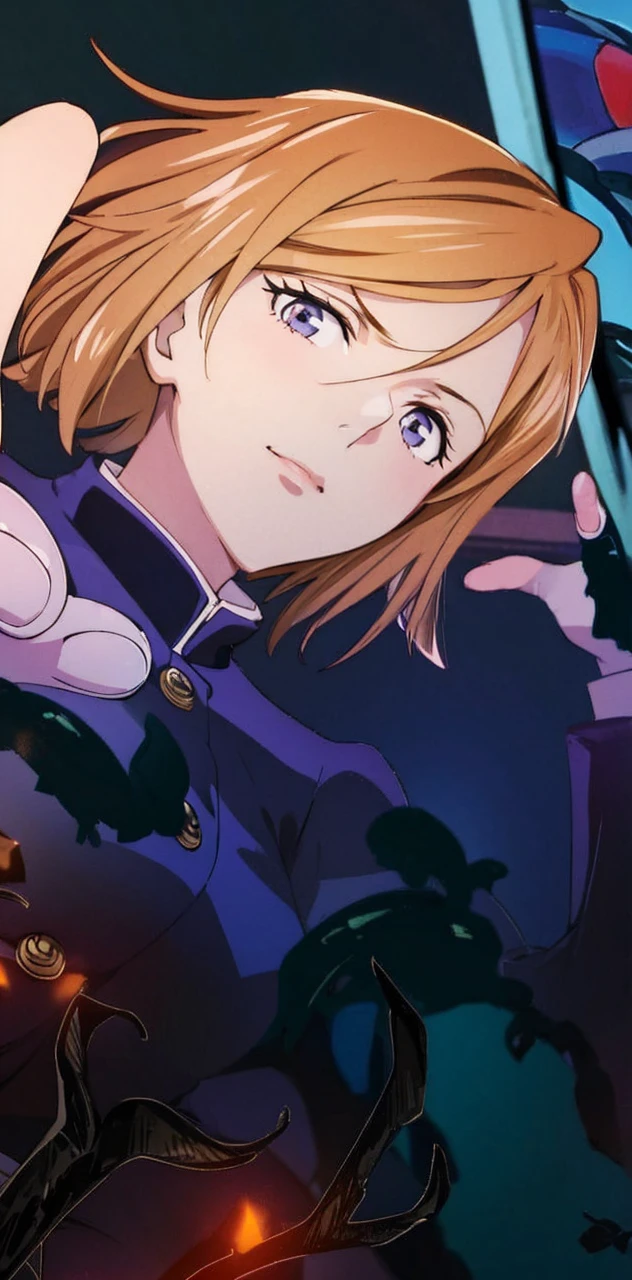masterpiece, highres, solo, 8k, detailed, perfect face, (ultra high quality), looking viewers, collar bones, armpit, medium breast, sideboobs, cleavage, yellow hair, light hair, short hair, green blue eyes, belly, stomach, navel, crop tanktop, denim short, mini short, slim body, smile, blush, thigh