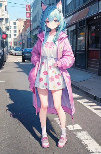 Kizi, beautiful and beautiful, nova, lovely gaze, overskirt, jaket, shirt with print, long two-color socks, Cat's ears, defined body, in the middle of the street
