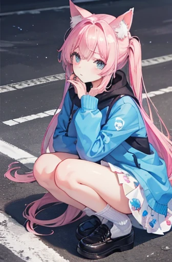 Kizi, beautiful and beautiful, nova, lovely gaze, overskirt, jaket, shirt with print, long two-color socks, Cat's ears, defined body, in the middle of the street
