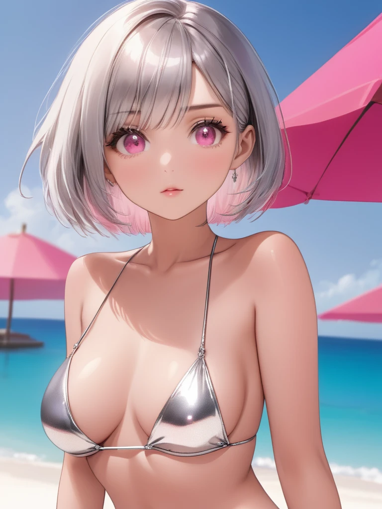 (((masterpiece))), best quality, expressive eyes, perfect face, silver eyes, bob cut, silver hair, ((vivid pink colored micro bikini, sideboob:1.0, underboob:0.9)), (election of nipples:1.0), (((cameltoe:0.8))), kiss,