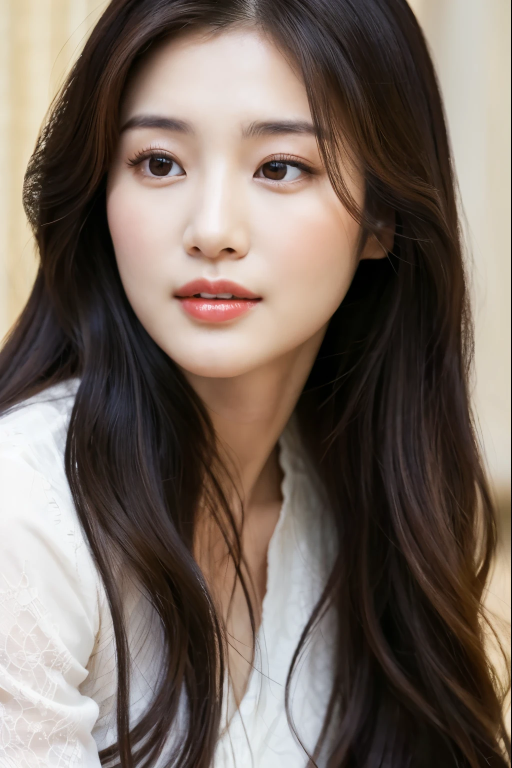 a close up of a woman with long hair wearing a white shirt, beautiful south korean woman, beautiful young korean woman, gorgeous young korean woman, jaeyeon nam, female actress from korea, lee ji-eun, lee ji - eun, heonhwa choe, korean woman, korean girl, kwak ji young, with long hair, asian girl with long hair