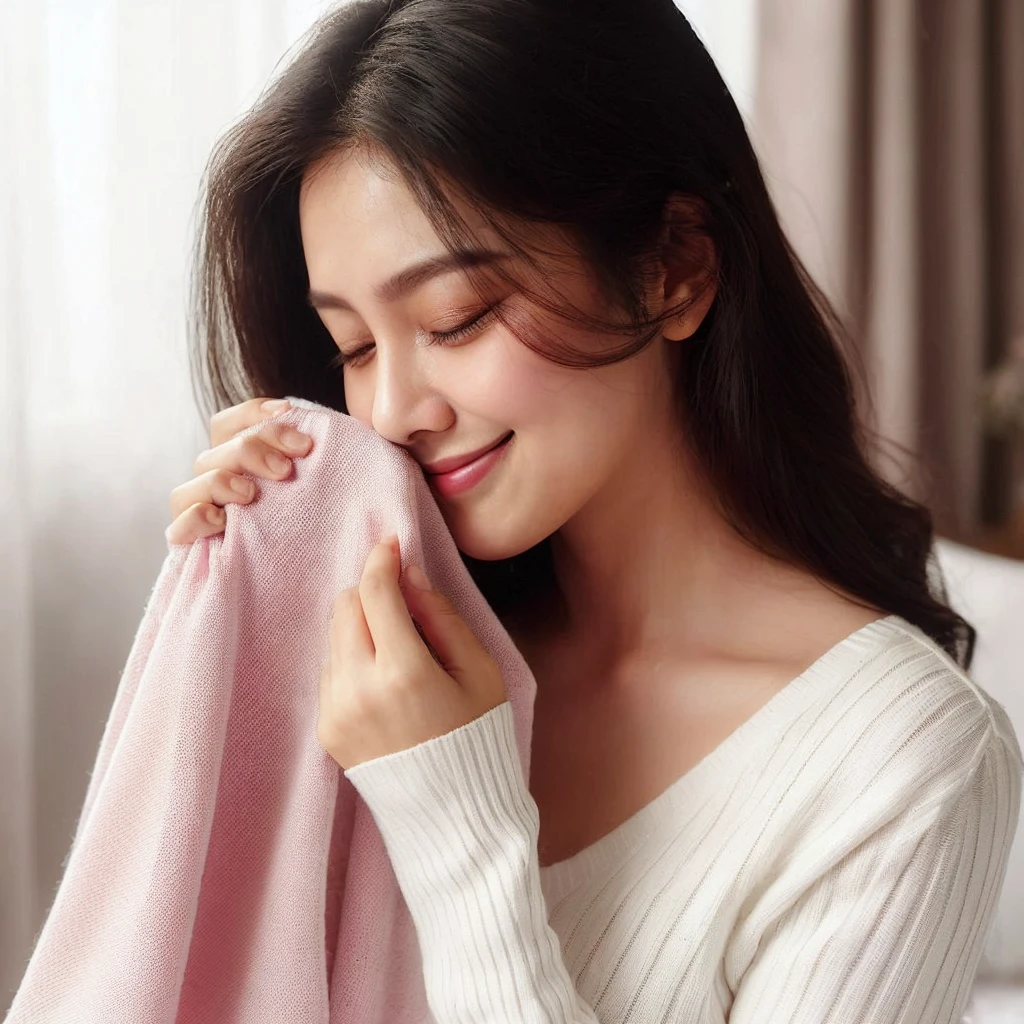 indonesian mother, 27 years old, medium hair, thick hair, white knit longsleeve, polite clothes,  nose was kissing the soft pink fabric, medium view, smile, side view, room bakcground, Ultra HD --v 6.0, high brightness, soft bright lighting, daylight lighting