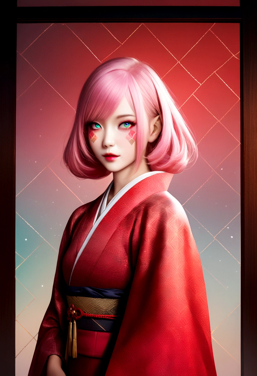 One girl, mysterious girl, German with pink hair in Japanese clothes, realistic photo, red color scheme around the eyes on the face, professional studio lighting, natural background, pastel colors, seductive goddess, high details , double exposure effect, surreal atmosphere, geometric patterns, intricate details, bokeh, perfect balance, deep fine borders, realistic and smooth textures