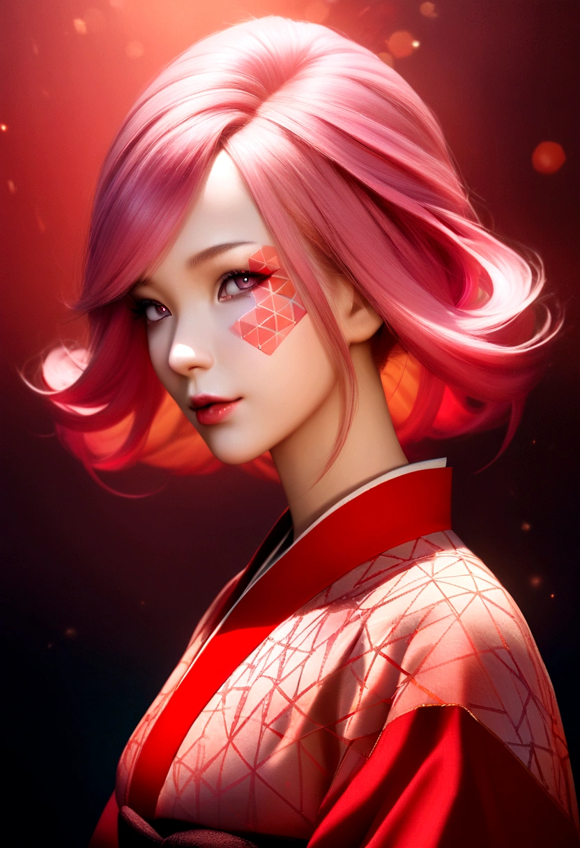 One girl, mysterious girl, German with pink hair in Japanese clothes, realistic photo, red color scheme around the eyes on the face, professional studio lighting, natural background, pastel colors, seductive goddess, high details , double exposure effect, surreal atmosphere, geometric patterns, intricate details, bokeh, perfect balance, deep fine borders, realistic and smooth textures
