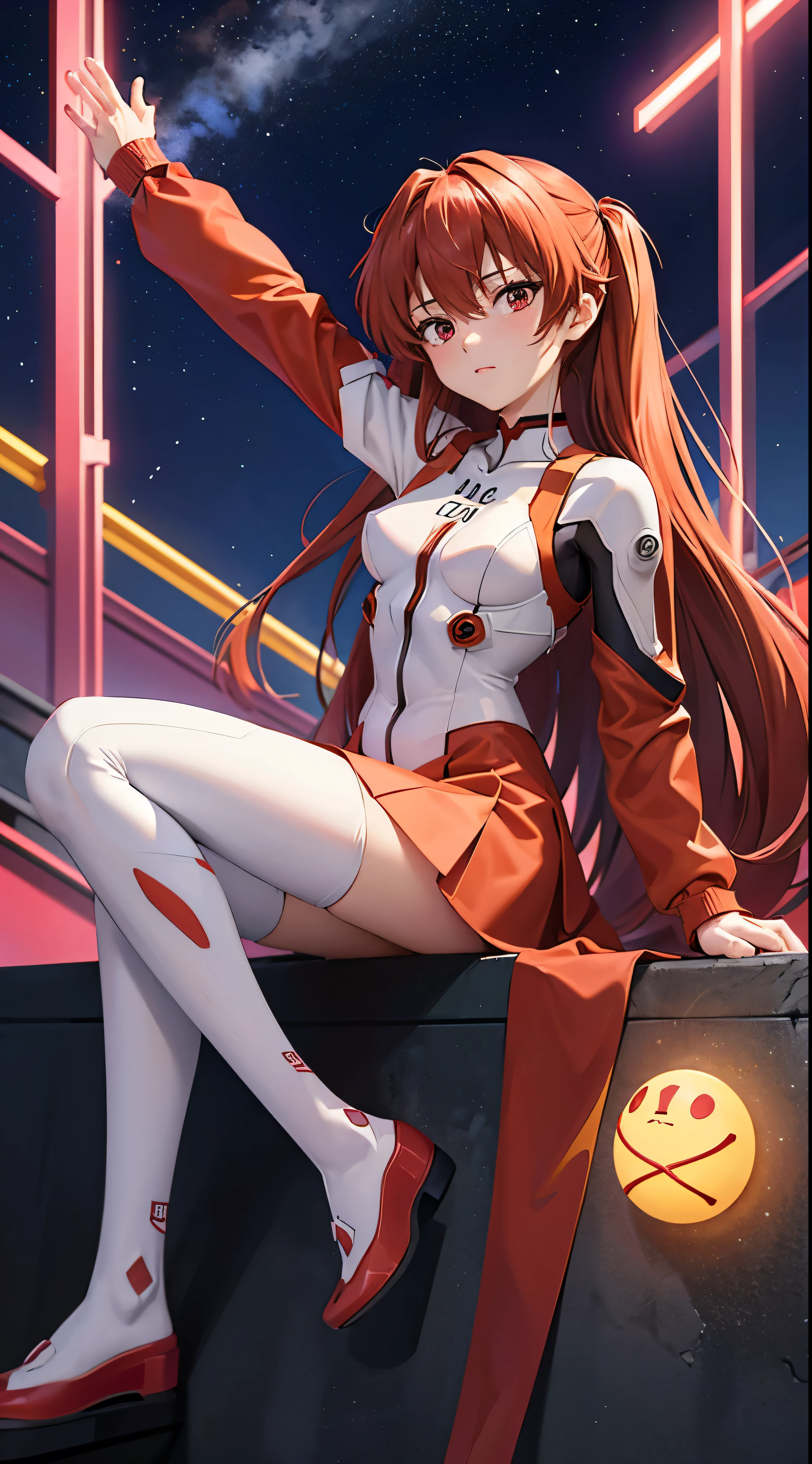 Neon Genesis Evangelion anime characters、Asuka Langley、Dressed in a bright red armor suit、She gracefully poses in front of the camera in high definition footage.。Evangelion: New Theatrical Edition、The background is Evangelion Unit 1.、Provides a breathtaking backdrop for your operations。Asuka raised her hand in determination.、