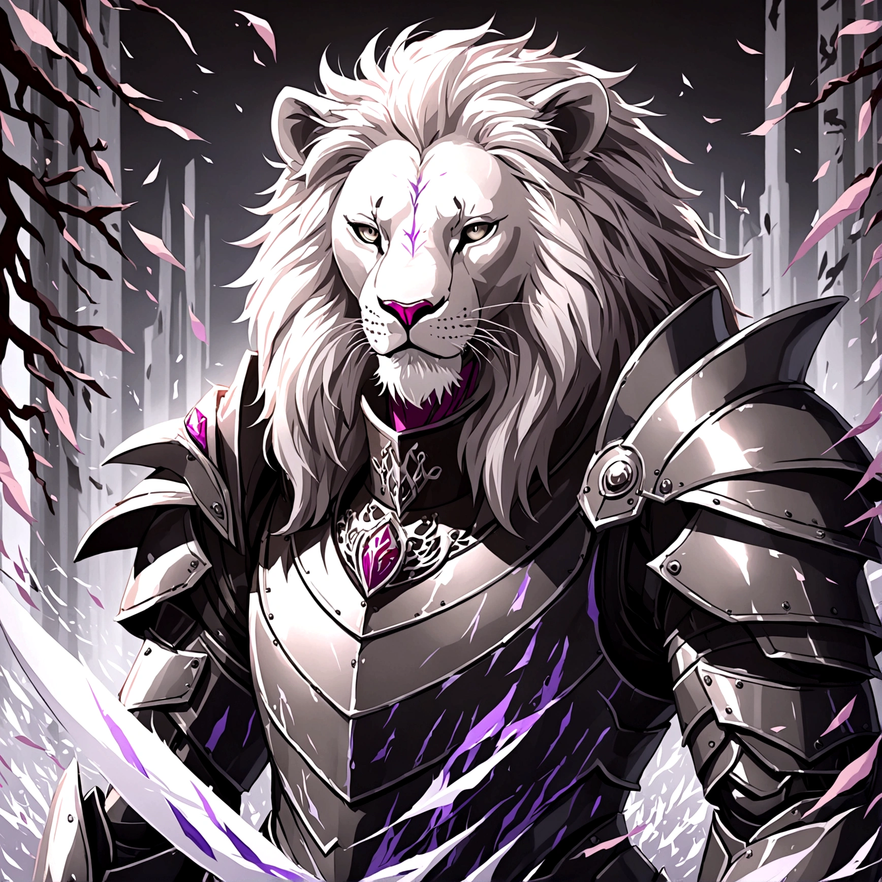good quality, humanoid gray lion, Furry, a gray lush mane, scar on right eye, black armor, Combat armor, A lot of growth
